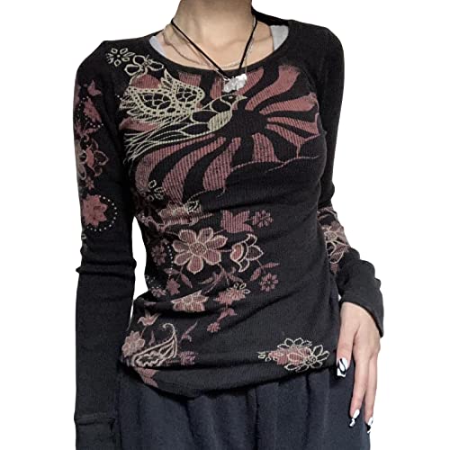 Fall Spring Women´s Vintage Grunge Round Neck Ribbed Tops Goth