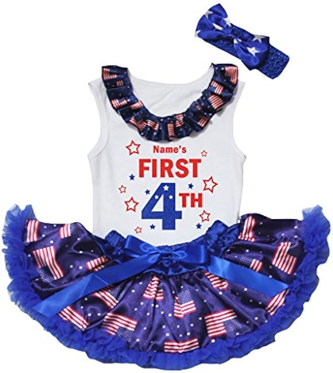 Petitebella Personalize First 4th White Shirt US Flag Blue Baby Skirt Set 3-12m