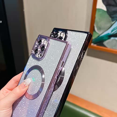 Image of for Square iPhone 12 Pro Max Case Glitter Magnetic Work with MagSafe Full Camera Lens Protection Luxury Plating Cute Bling Clear Shockproof Slim Phone Case for Women Girls (Light Purple)