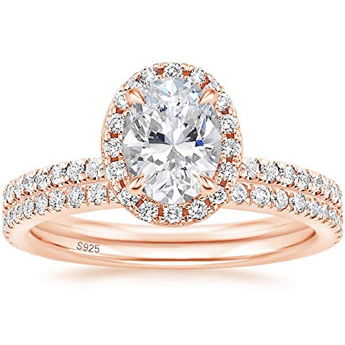 EAMTI 1.25CT 925 Sterling Silver Cubic Zirconia Bridal Rings Sets Rose Gold Oval Cut CZ Engagement Rings Wedding Band for Women Size 8.5