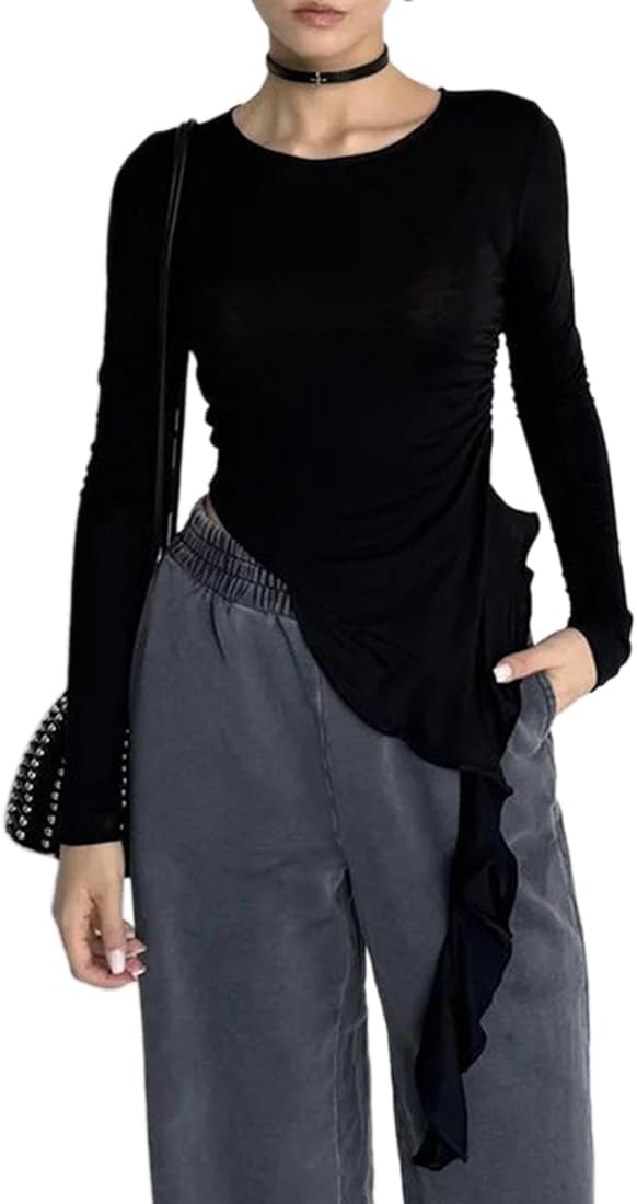 Girls’s Slim Match Crop Tops Informal Lengthy Sleeve Ruffles High Crew Neck Tight Y2K T-Shirt Fundamental Shirt Tee Tops Going Out Tops for Girls