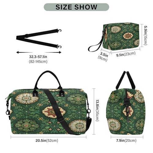 Weekender Bags Travel Duffel Gym Bag Cute Bear Seamless Pattern Carry on Overnight Tote Bag with Toiletry Bag for Airplane Travel Trip Gym Yoga (Retro Style Green Elements Pattern)3