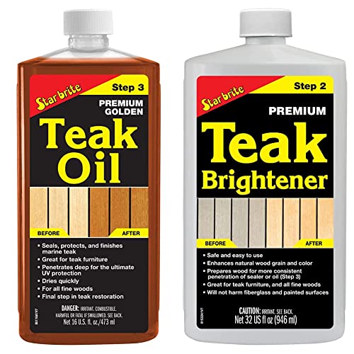 Image of STAR BRITE Premium Golden Teak Oil - Sealer, Preserver & Finish for Outdoor Teak & Other Fine Woods - Step 3-16 OZ (085116PW) & Premium Teak Brightener - Step 2-32 OZ (081532)