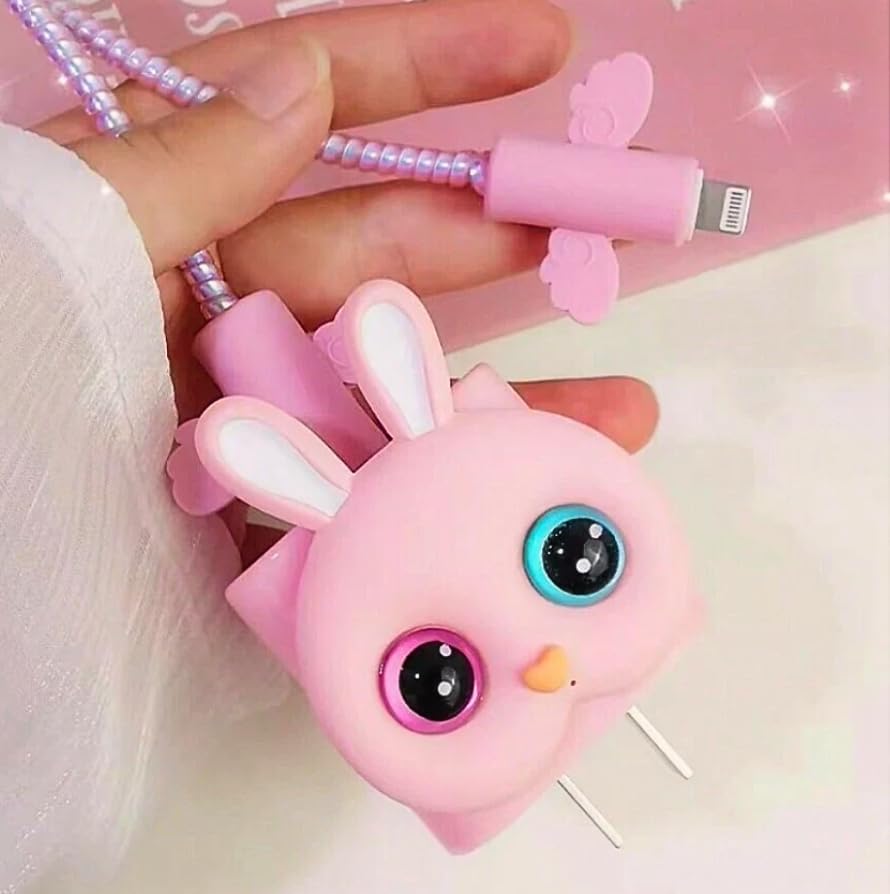 Image of Cable Protector with 3D Cute Pattern for iPhone Charger only 18W & 20W, Data Line Wire Saver Charging Cable Charger Protective Cable,Full Protection Cover 4 in 1 (Pink-Kitten)