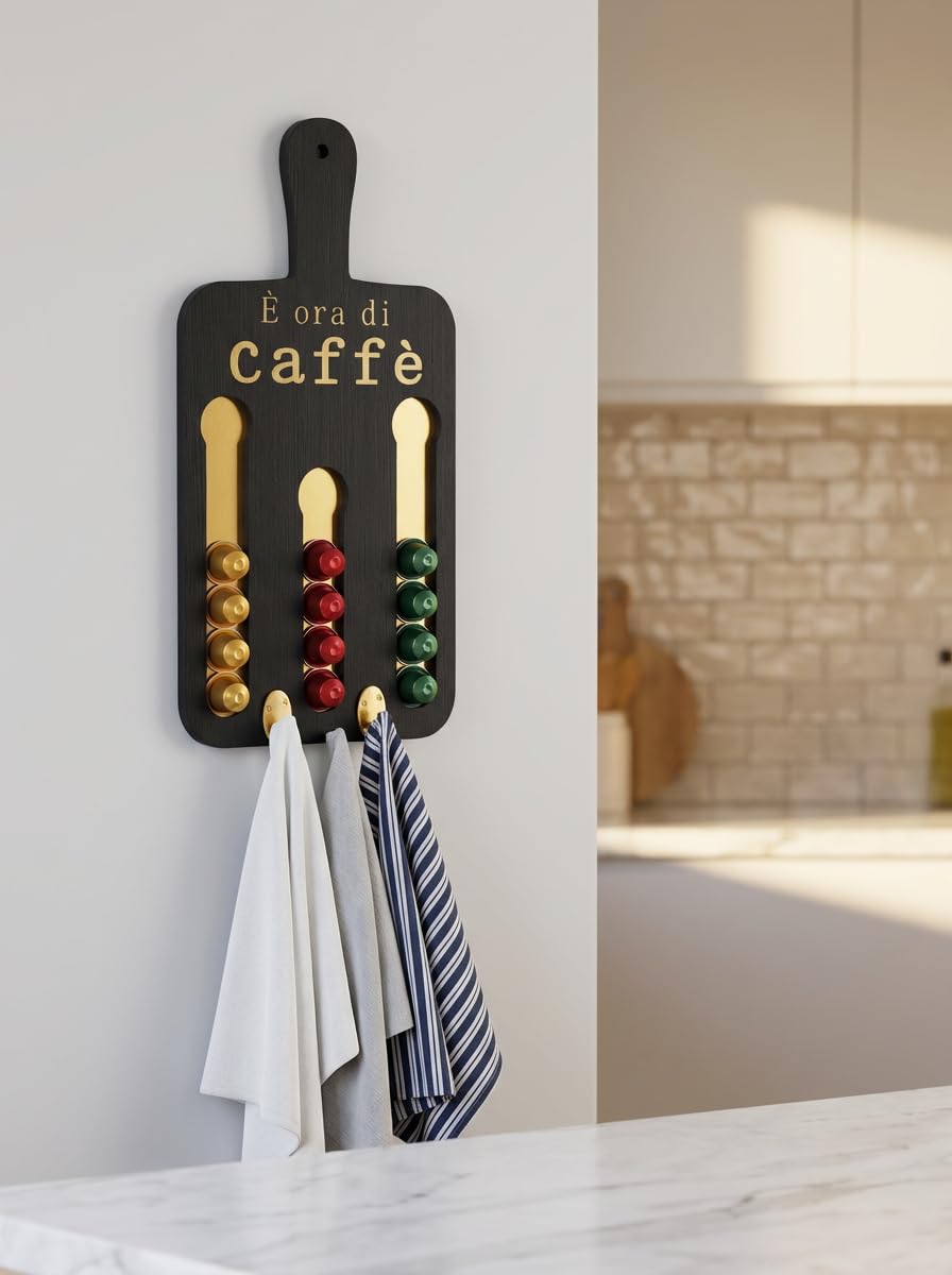 Generico Porta Cialde Caffè in Legno Artigianale – Supporto Elegante per Cialde Capsule per Nespresso e Compatibili – Organizer Salvaspazio per Cucina e Coffee Tè Portacapsule Station (Nero)