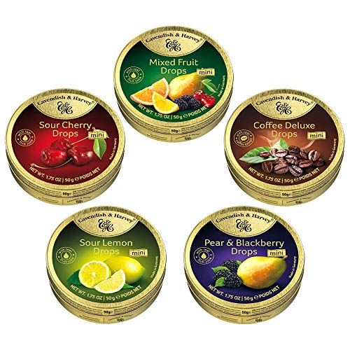 Cavendish & Harvey Hard Candy Drops 5 Flavors Pocket Tins (1.75oz|50g) - Mixed Fruit Drops(1), Sour Cherry Drops(1), Coffee Deluxe Drops(1), Sour Lemon Drops(1), Pear & Blackberry Drops(1)