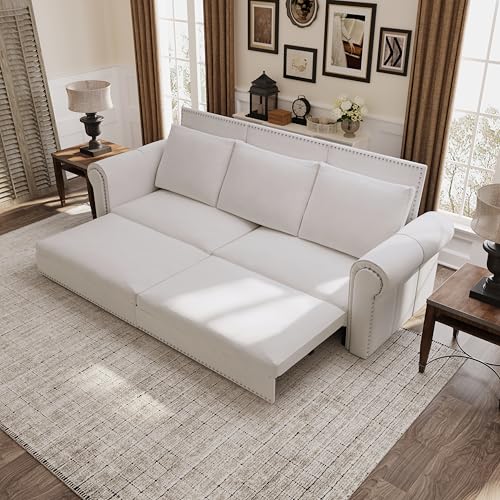 Image of Eafurn 93.7 inch King Size Pull Out Sofa Bed, 3-in-1 Convertible Sleeper Sofa Couch Bed with Nailhead Decor and Rolled Arms, Velvet Oversized Chesterfield Loveseat Chaise Lounge