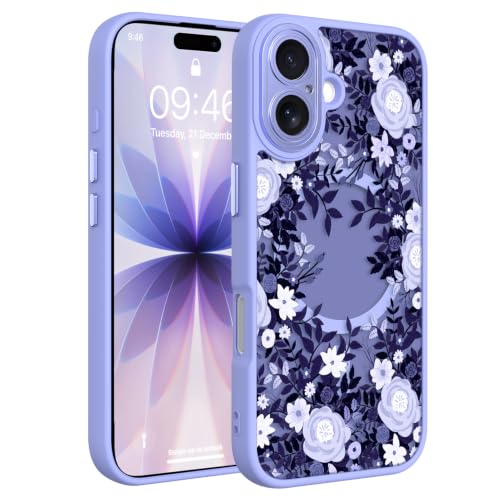 Image of Magnetic for iPhone 17 Case for Women Girls, Purple Floral | Cute Flower Pattern Design [Compatible with MagSafe] [Full Camera Protection] Slim Shockproof Translucent Matte Cover