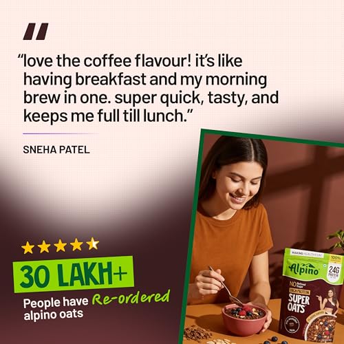 Image of ALPINO 24g High Protein Super Oats Classic Coffee 400g - 42mg Caffeine - Rolled Oats with Peanut Butter, TSP & Jaggery - Pre-Workout Breakfast, No Refined Sugar