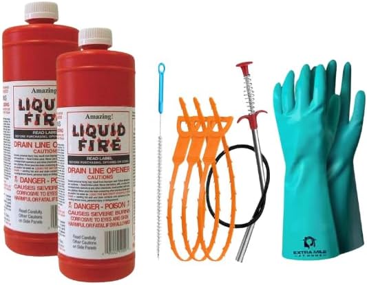 Drain Clog Remover Bundle with Two 32 fl oz Drain Cleaner Bottles, Cleaning Tools & Protective Gloves - 6 Items - Heavy-Duty Acid Formula for Tough Kitchen Sink & Shower Clogs