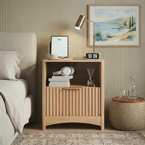 Image of Marsail Fluted Nightstand, Wooden Nightstands with Drawers, Modern Bedside Table with Charging Station and Storage, End Table with Storage Side Table for Bedroom, Oak