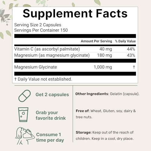 Image of Pure Magnesium Glycinate 1,000mg, 300 Capsules | 100% Chelated for Max Absorption | Enhanced with Vitamin C | Only Uses Active Ingredients