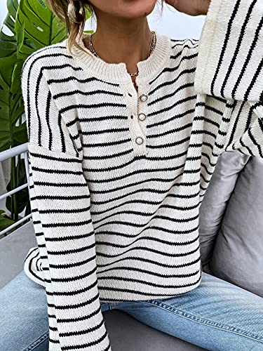 SHENHE Women's Striped Long Sleeve Button Up Ribbed Knit Oversized Sweater Tops4