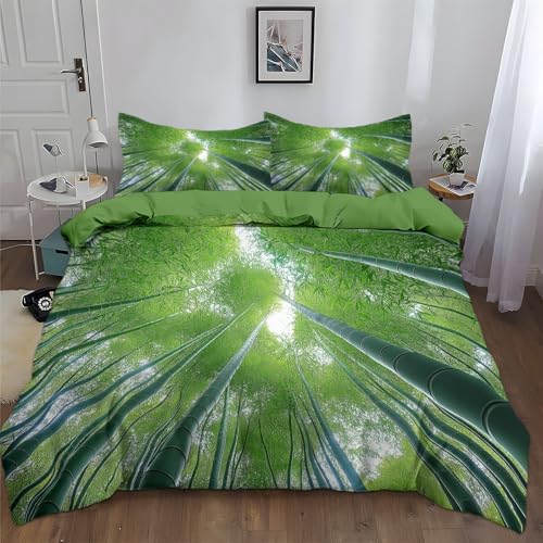 Generisch Ropa de cama para adultos, microfibra, funda nórdica de 220 x 240 cm y 2 fundas de almohada de 80 x 80 cm, diseño de paisaje de bosque de bambú, reversible, funda nórdica con cremallera
