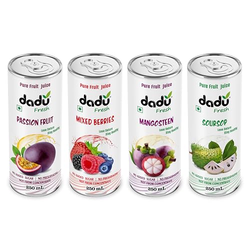 Image of Dadu Juice Combo Pack | Pure Natural, Not from Concentrate, No Added Sugar, No Artificial Flavors or Preservatives | Passion Fruit, Mixed Berries, Mangosteen, Soursop | 4 Cans x 250ml