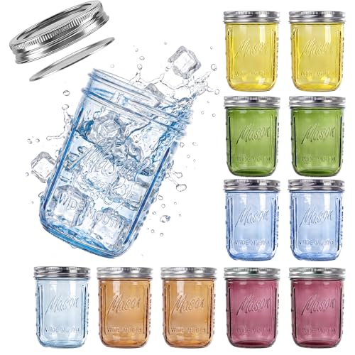 DaYammi 12 Pack 16 oz Wide Mouth Mason Jars with Lids Airtight Glass Canning Jars for Food Storage Meal Prep Fermenting Pickling & Jam Colorful