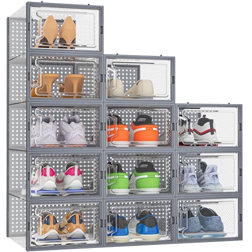 HOMIDEC Shoe Boxes, Pack of 12 Shoe Boxes, Stackable, Transparent, Shoe Organiser, Shoe Storage, Shoe Box for Shoes up to Size 45, Grey HOMIDEC Shoe Boxes, Pack of 12 Shoe Boxes, Stackable, Transparent, Shoe Organiser, Shoe Storage, Shoe Box for Shoes up to Size 45, Grey