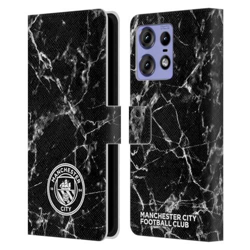 Head Case Designs Officially Licensed Manchester City Man City FC Black White Mono Marble Badge Leather Book Wallet Case Cover Compatible with Motorola Edge 50 Pro