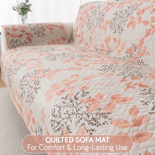 Image of HOKIPO AB Dual Design Quilted Sofa Cover 5 Seater, 3+1+1 Sofa Cover Set, Easy Drape Series, Peach Leaves (NEW-IN-1101 + IN-1099 * 2-ED3)