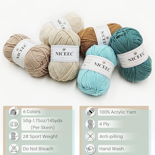 Image of NICEEC 300g Soft Assorted Colors Yarn - Sport Weight,100% Acrylic, 4 Ply, Bonbons Yarn for Crochet & Knit, DIY Project Starter Kit for Kids or Adults(Total 870yds) - Series 16