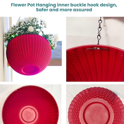 Image of Go Hooked 3 Pcs Red Plastic Hanging Planter, Set of 3, Classic Garden, Indoor /Outdoor, 7.1 Inch Diameter, 4.8 Inch Height, 3 mm Thickness, 13 Inch Chain Length