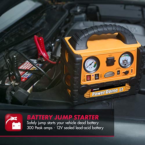 Wagan EL2464 Power Dome LT Auto 300 Peak Amp Jump Starter with 260 PSI Air Compressor, 200W Power Inverter, AC Receptacle, DC Sockets, USB Power Port, LED Worklight, Yellow