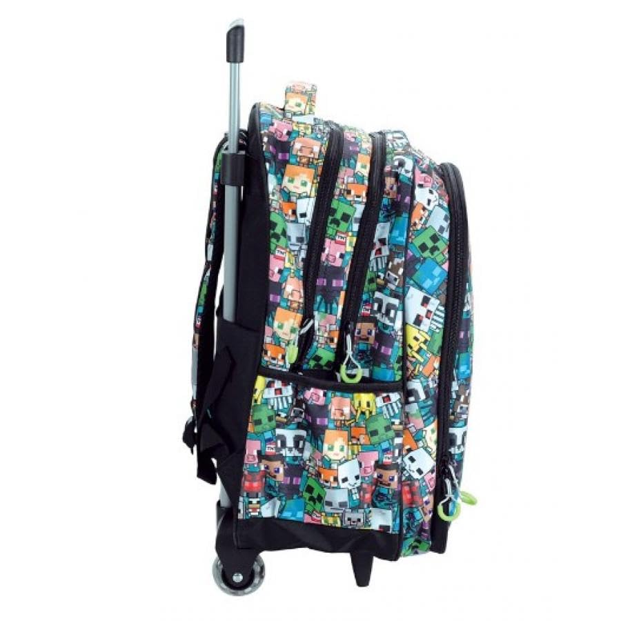 Zaino Trolley Scuola Compatibile con Minecraft camo 46 cm, Zaino con Ruote per Bambini, 3 Scomparti, Manico Telescopico, Spallacci Imbottiti, Tasche Laterali, Elementari e Medie