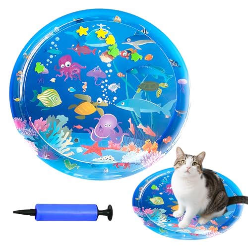 Cat Water Bed,Cats Water Mat with Fish,Cat Water Bed PlayMat,Two Layers ThickenedRound Sensory, Non-Slip Play mat, Floating Fish, for Indoor Cats Kitten, Durable Easy-Clea