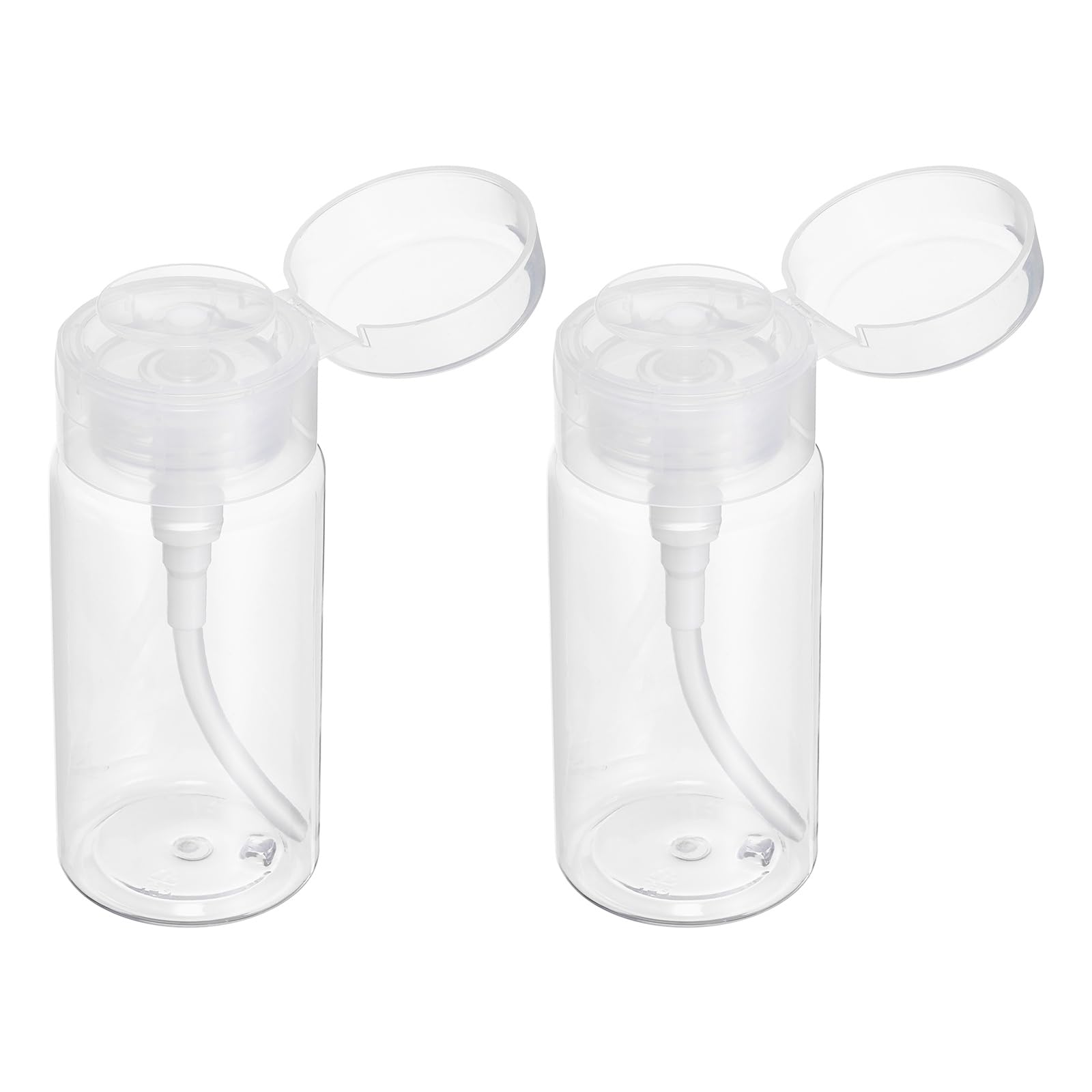 Muiltvoe 2pcs Push Down Pump Dispenser 5.3OZ (150ML) Plastic Nail Polish Remover Pumping Empty Bottle with Round Flip Cap for Makeup Remover Alcohol Facial Toner, Clear
