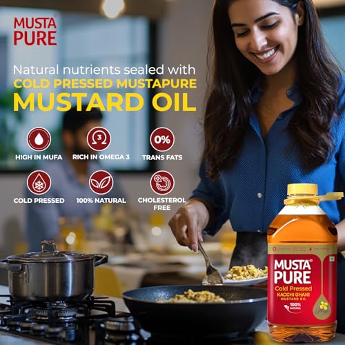 Image of Musta Pure Cold Pressed Kachi Ghani Mustard Oil 2 Litre Cooking Oil, Unrefined, Naturally Cholesterol Free, A1 Grade Real Seeds For Natural Aroma & Flavour For Roasting, Frying, Baking - PET Bottle