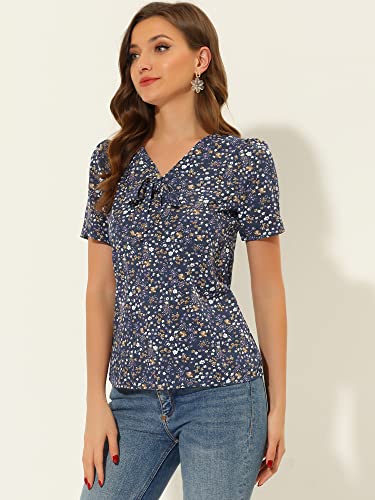 Allegra K Women's Bow Tie V Neck Short Sleeve Patterns Top Straight Loose Breathable Printed Blouse Large Navy Blue #TOP29