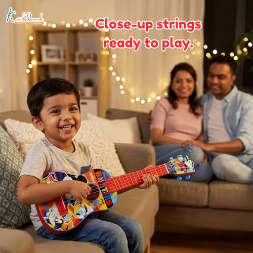 Image of Mickey Guitar for Kids (Big) - 4-String Musical Toy with Adjustable Tension, Fingerstyle Tab & Pick | Disney Mickey Mouse Theme | Portable Educational Gift for Boys & Girls Age 3+
