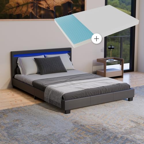 Juskys Polsterbett Paris 140x200 cm mit LED Beleuchtung, Matratze,...