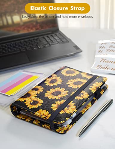Image of A6 Budget Binder for Money Saving, PU Leather Budget Planner with 8 Cash Envelopes, Budget Sheets & Rose Gold Category Stickers, Money Organizer for Cash (Black Sunflower)