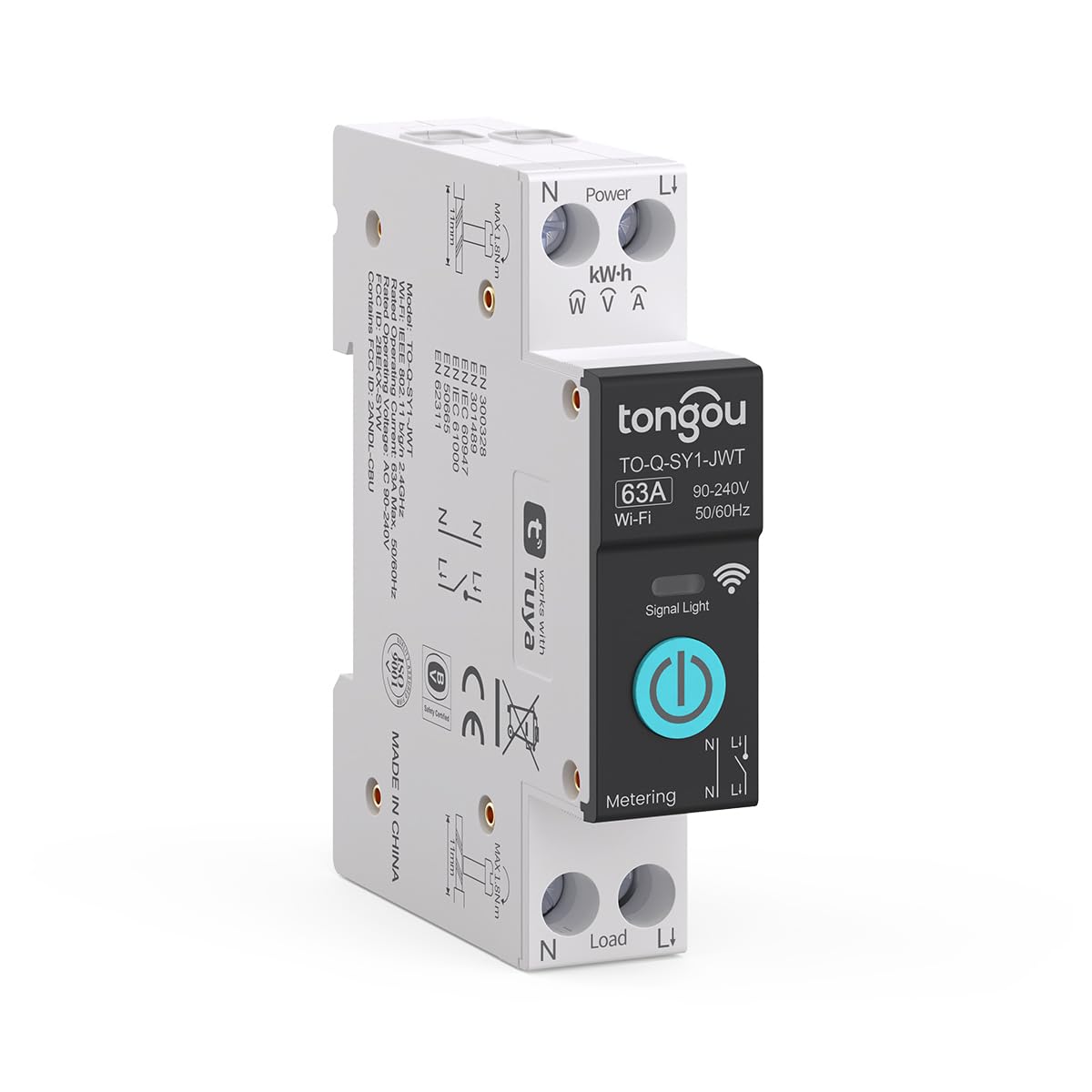 DIY 1P+N Smart Wi-Fi Switch, Work with Alexa and Google Assistant for Voice Control, 63A with Energy Monitor, Smart Life/Tuya APP Remote Control, Timer Functions, DIN Rail Mounted,FCC Certified