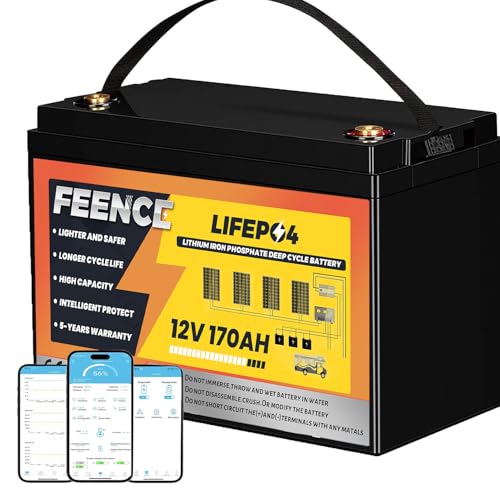FEENCE LiFePO4 170Ah Bluetooth, batería de litio 12 V 170 Ah con protección BMS Low Temperature y máx. 15000 ciclos, 2176Wh batería de coche para autocaravana, barco, panel solar