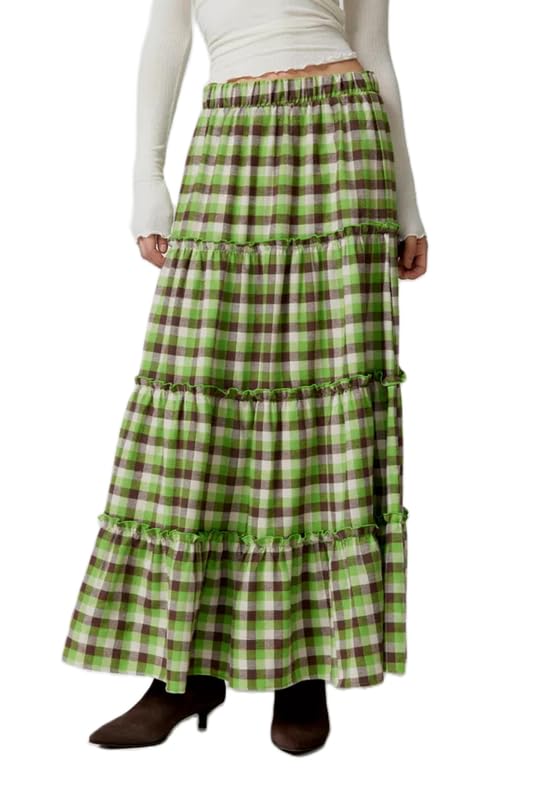 Y2K Women Plaid Tiered Maxi Skirt Elastic High Waist Gingham A Line Long Skirt Flowy Swing Vintage Midi Skirts