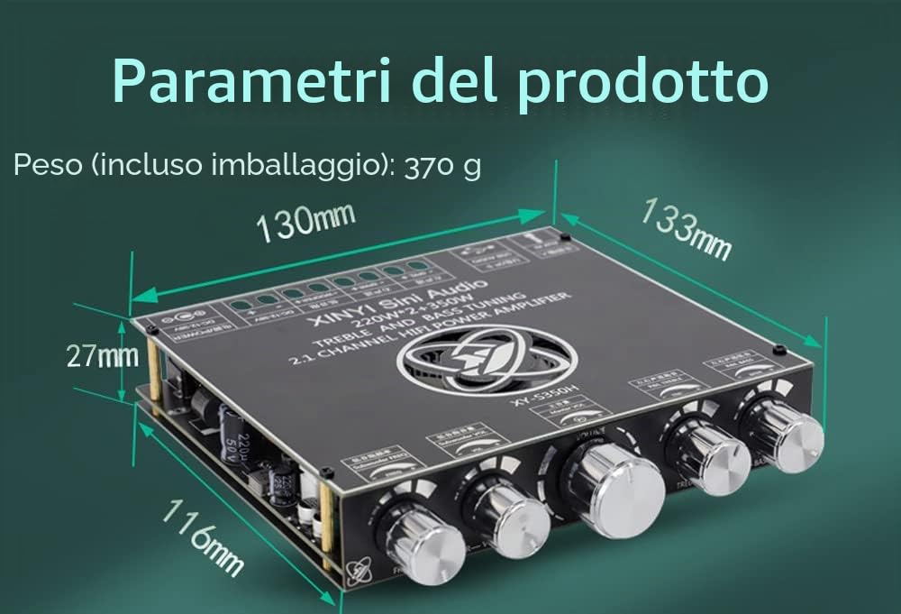 Scheda amplificatore subwoofer Bluetooth Hifi Stereo 2.1 con regolazione controllo alti e bassi 220W * 2 + 350W 18V-38V Modulo amplificatore di potenza audio Ingresso AUX