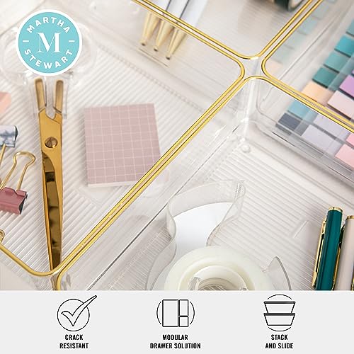 Image of Martha Stewart Kerry Plastic Stackable Office Desk Drawer Organizers, 6 inch x 6 inch, 4 Pack, with Gold Trim