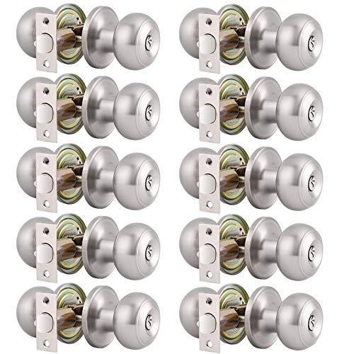 Gobrico Round Satin Nickel Keyed-Alike Entry Locks Knobs 10Pack, Exterior Door Knobs with Same Keys
