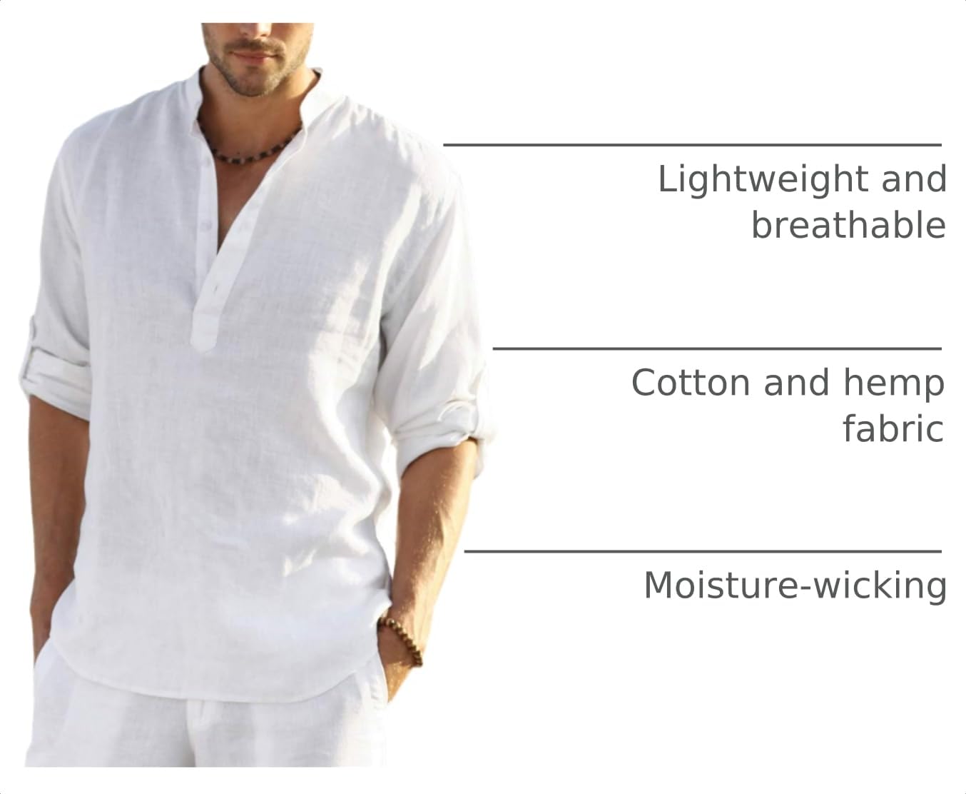 COOFANDY Mens Cotton Linen Henley T-Shirts Long Sleeve Casual Beach Shirts | Mens Linen ShirtRegular Relaxed FitLightweightBreathableand Moisture-wicking for BeachVacation or Everyday Summer  product thumbnail 6