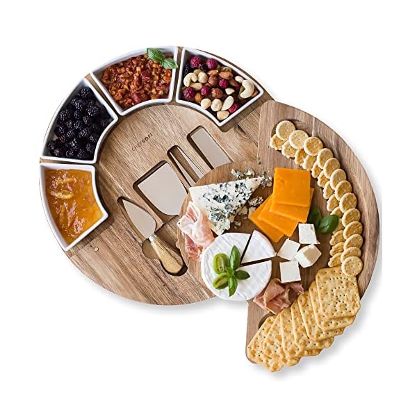 Charcuterie Cheese Board and Platter Set - Made from Acacia Wood - US Patented 13 inch Cheese Cutting Board and Knife for Entertaining and Serving - 4 Knives and 4 Bowls Charcuterie Cheese Board and Platter Set - Made from Acacia Wood - US Patented 13 inch Cheese Cutting Board and Knife for Entertaining and Serving - 4 Knives and 4 Bowls