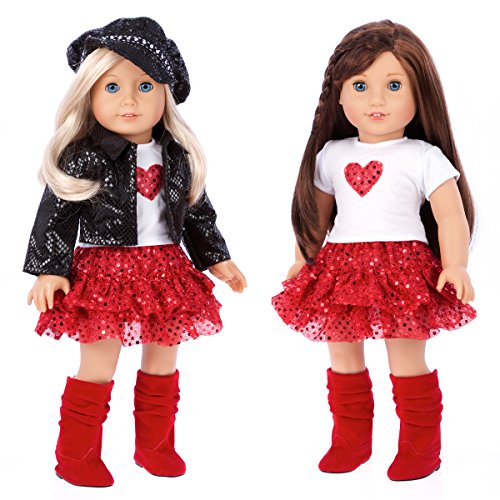 - Chic and Sassy - 5 Piece Outfit - Clothes Fits 18 American Girl Doll - Motorcycle Faux Leather Jacket with Paperboy Hat, White T-Shirt, Red Skirt & Boots (Doll Not Included)