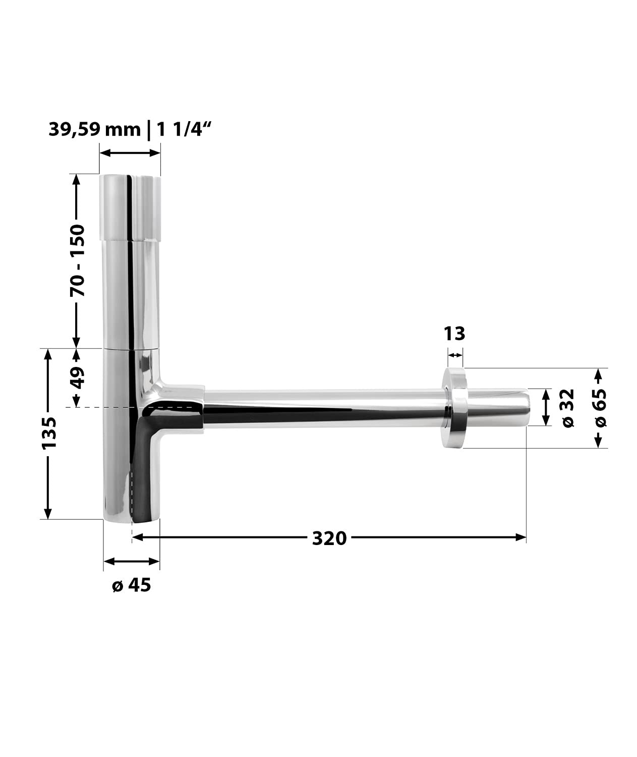 AquaSu Design Siphon Luxus | Flaschensiphon in 1 1/4 x 32 mm | Reinigungsöffnung | chrom | Geruchsverschluss für Waschbecken | runder Tassensiphon 300 mm Länge | Metall | 22686 8