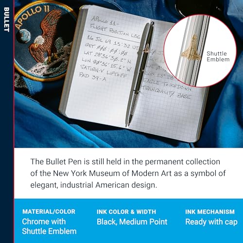 Image of Fisher Space Pen Chrome Shuttle Emblem Bullet Pen, Pressurized Ballpoint Pen, Compact Size, Writes Upside Down, Extreme Temperatures, Smooth Black Ink, Medium Point, Gift Box, Made in USA