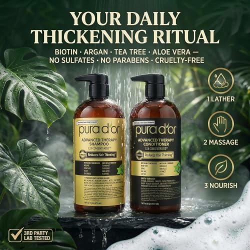 Image of PURA D'OR Advanced Therapy Biotin Shampoo & Hair Regrowth Conditioner Set For Hair Thinning, CLINICALLY TESTED Effective Thickening Results, For Women & Men, Invigorating Forest Scent, 16oz x2