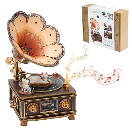 3D Wooden Puzzle Mechanical Gramophone Wood Model Kits for Adults - 3D Puzzles for Adults Cats Mechanical Music Box Kits Unique Graduation for Cat Lovers Decor