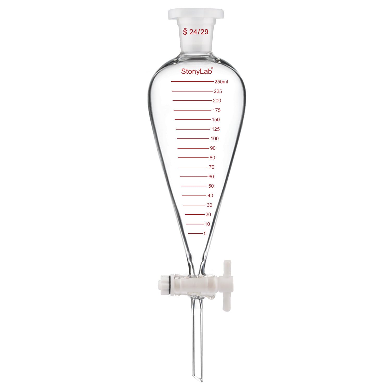 stonylab Imbuto Separatore Graduato, Parete Spessa a Forma di Pera Conica in Vetro Borosilicato, Rubinetto in PTFE e Tappo Superiore in Plastica, 250 ml