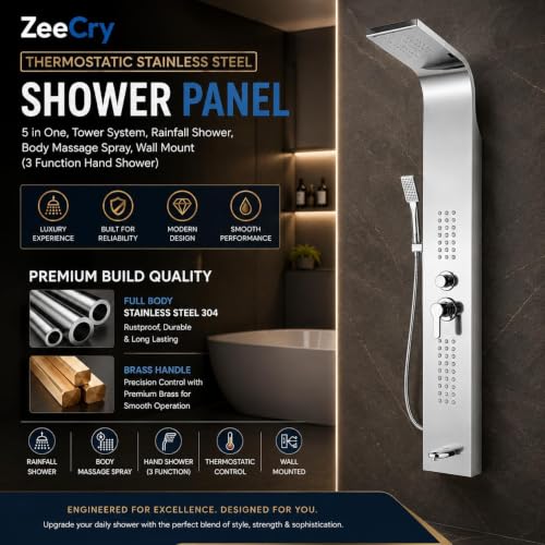 Image of Shower Panel Thermostate Stainless Steel 5 in One, Tower System, Rainfall Shower, Body Massage Spray, 3 Function Hand Shower (Chrome)
