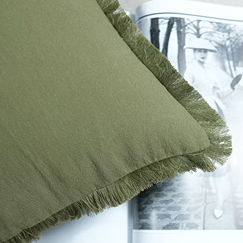 Jojusis Pack Of 2 Decorative Natural Linen Pillow Cover With Tassel Trim Farmhouse Boho Fringed Square Cushion Case For Sofa Couch 18 X 18 Inch Green #TOP3